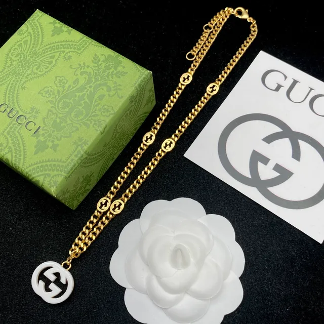 Gucci GG Marmont Gold White Chain Resin Logo Necklace 8