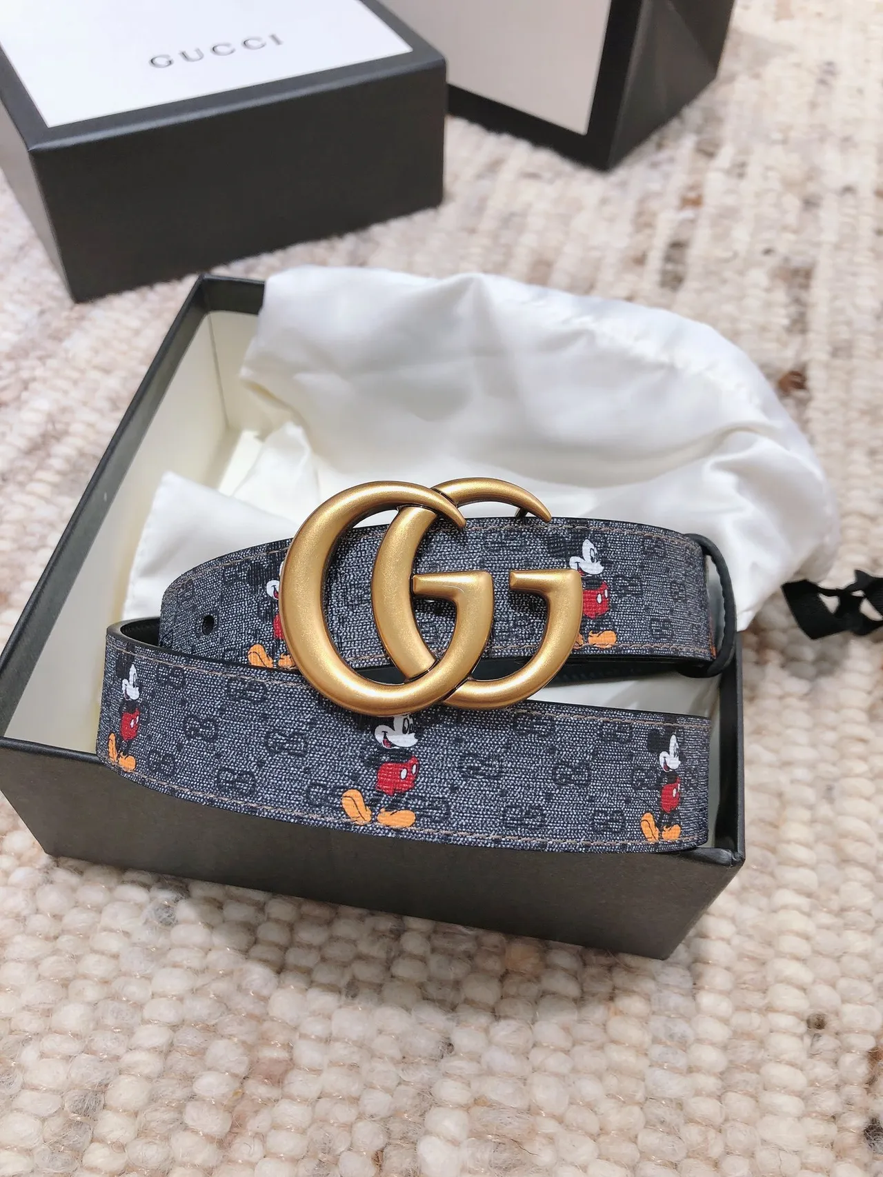 Gucci GG Marmont Gray Multicolor Interlocking Gold-Tone Buckle Mickey Mouse Character Print Leather Belt 1
