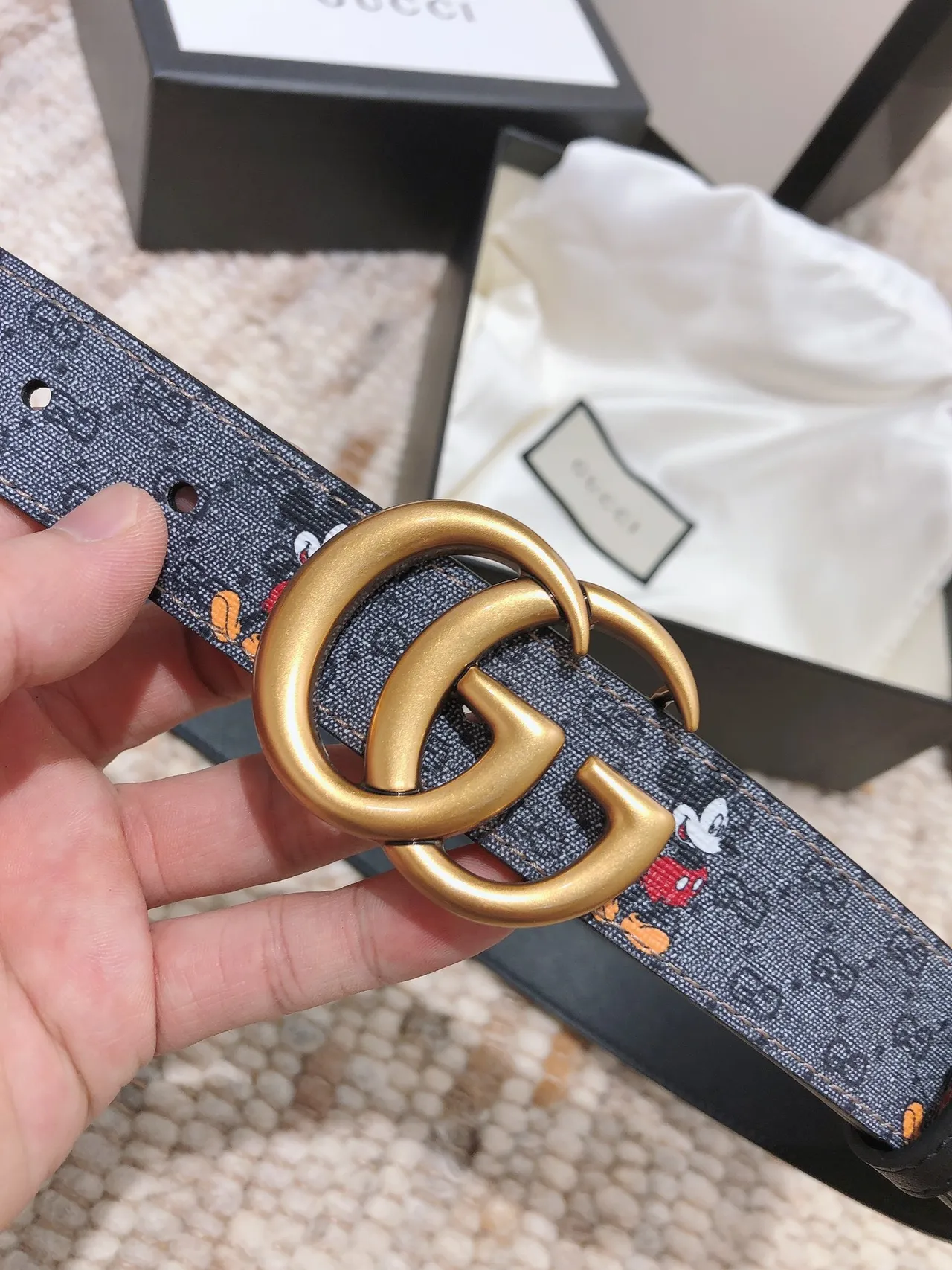 Gucci GG Marmont Gray Multicolor Interlocking Gold-Tone Buckle Mickey Mouse Character Print Leather Belt 3