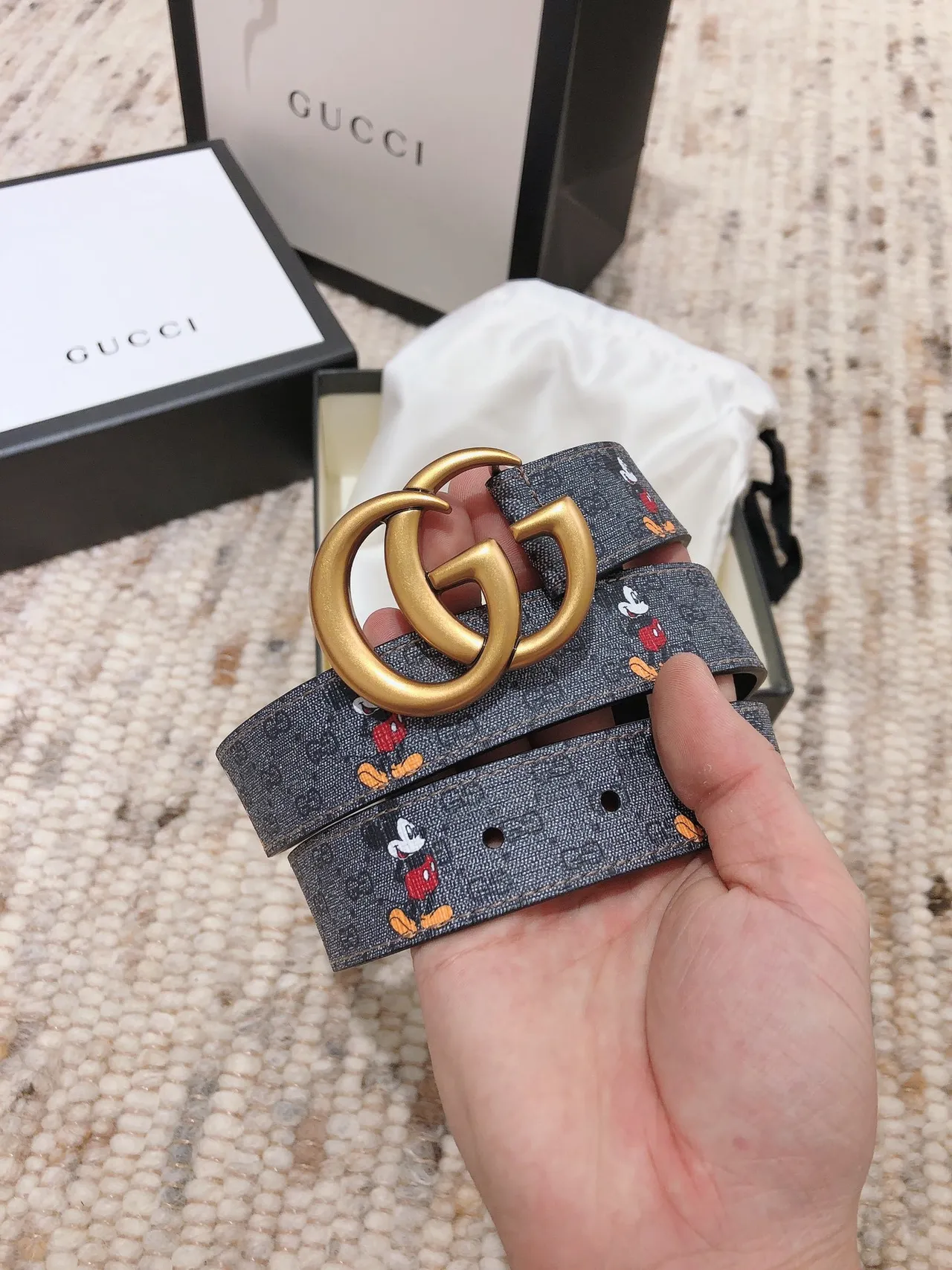 Gucci GG Marmont Gray Multicolor Interlocking Gold-Tone Buckle Mickey Mouse Character Print Leather Belt 4