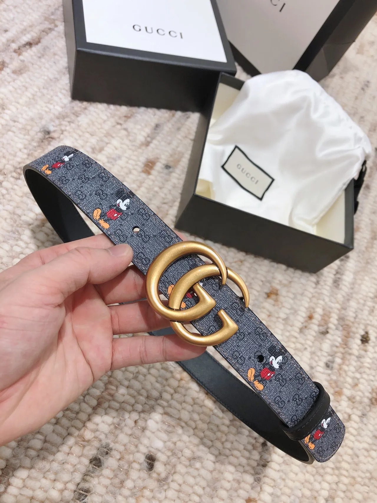 Gucci GG Marmont Gray Multicolor Interlocking Gold-Tone Buckle Mickey Mouse Character Print Leather Belt 5
