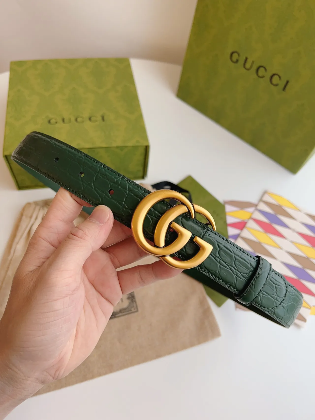 Gucci GG Marmont Green Croc-Embossed Leather Belt 2