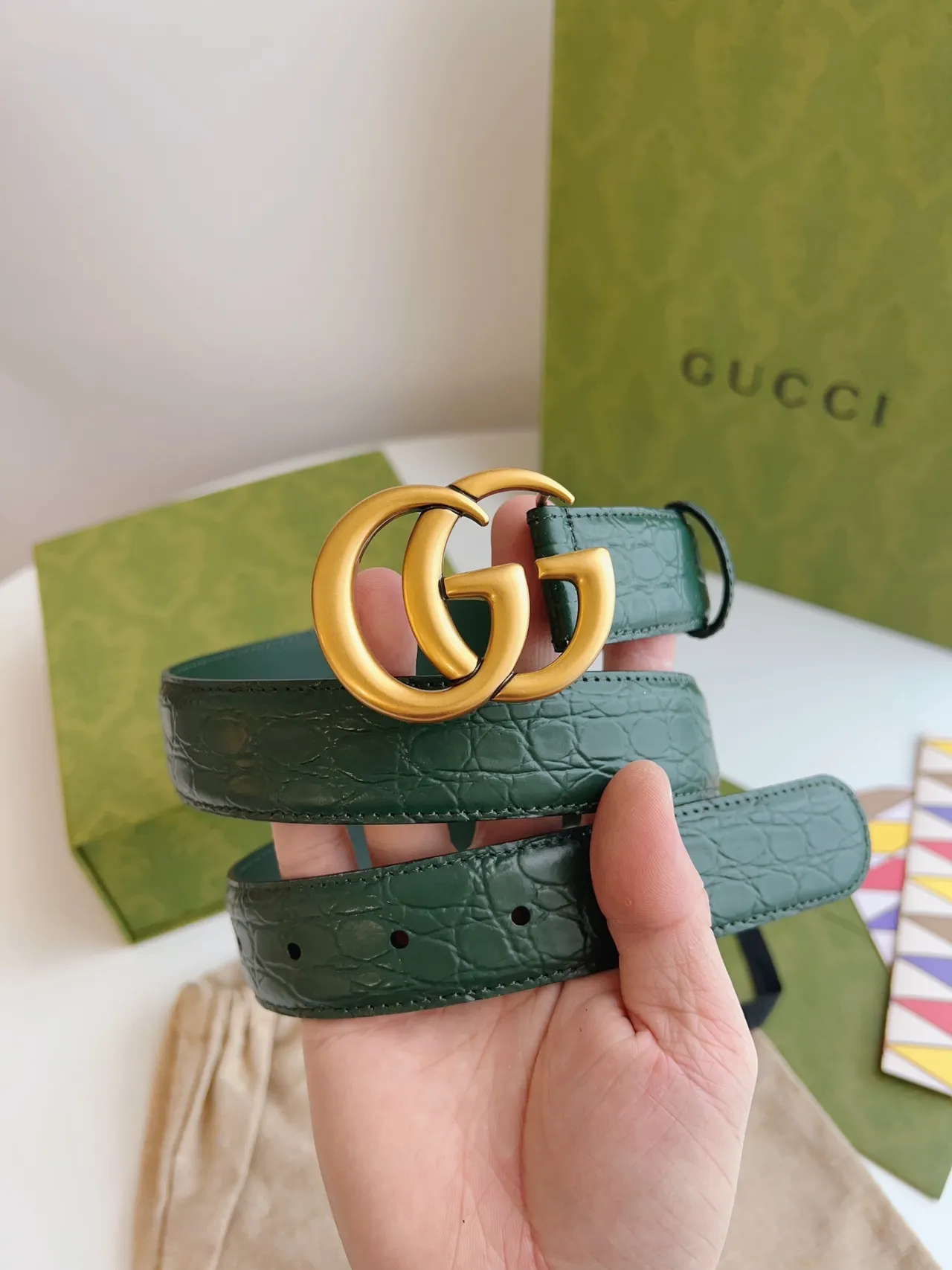Gucci GG Marmont Green Croc-Embossed Leather Belt 3