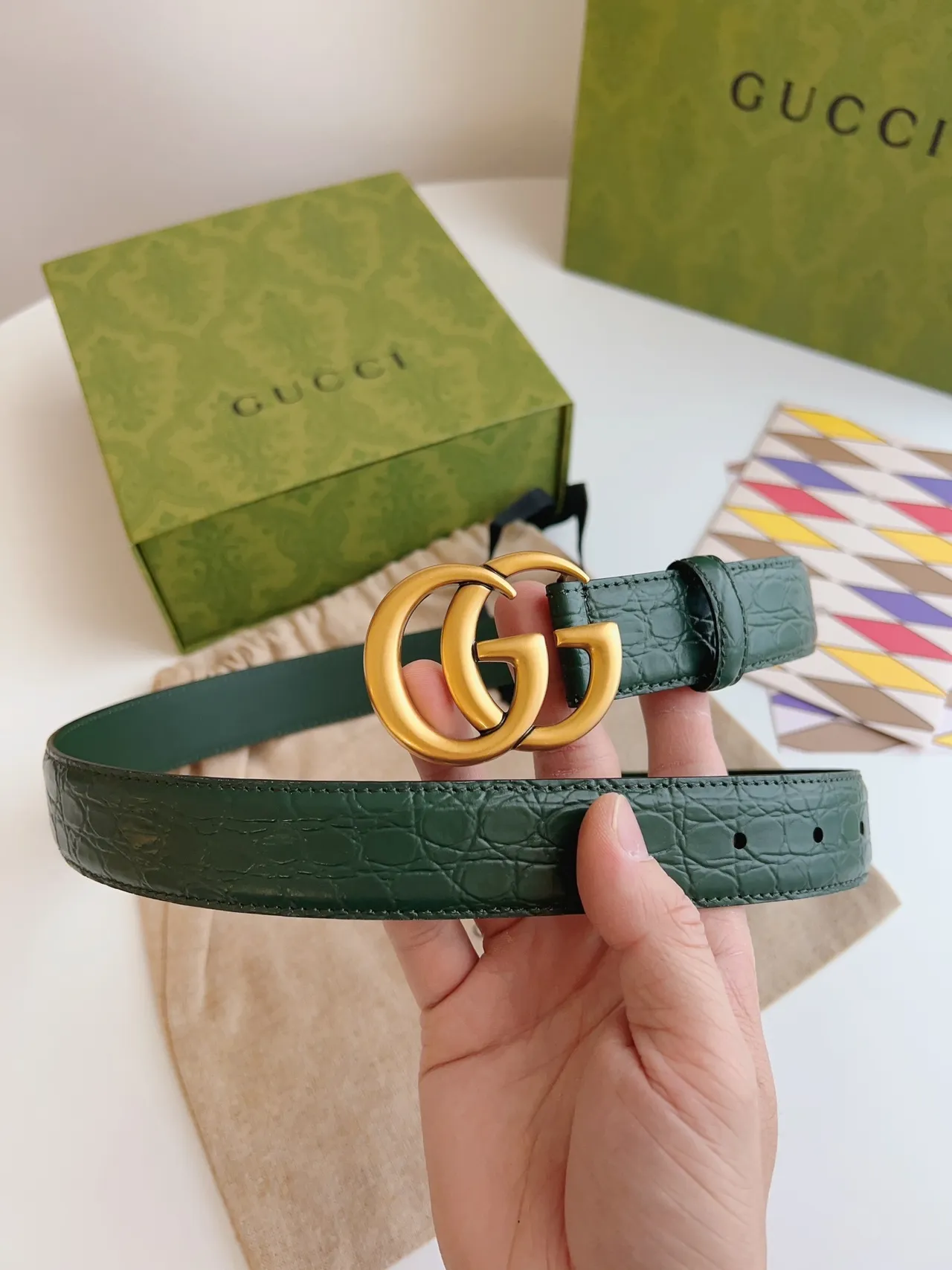 Gucci GG Marmont Green Croc-Embossed Leather Belt 4