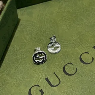 Gucci GG Marmont Interlocking G Black Enamel Silver Stud Earrings
