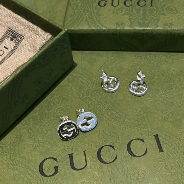 Gucci GG Marmont Interlocking G Black Enamel Silver Stud Earrings 6
