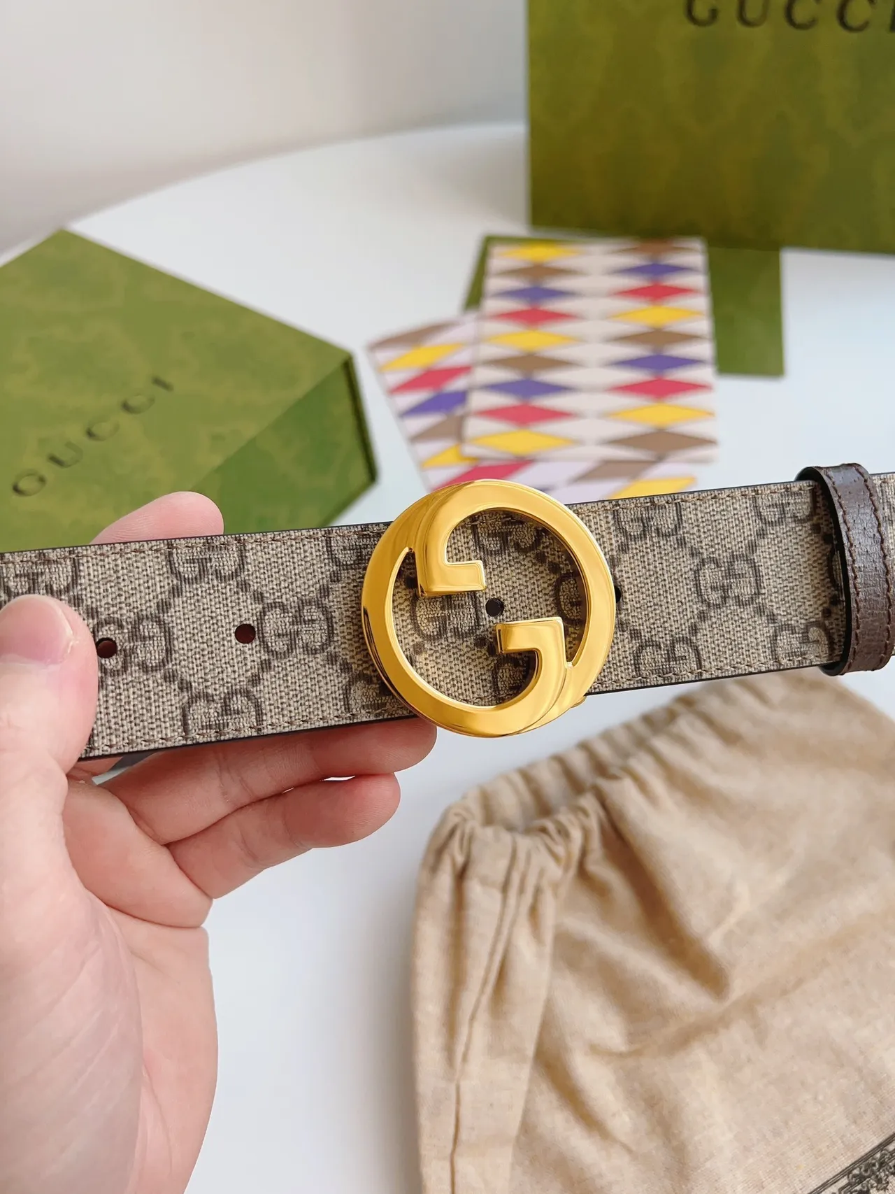 Gucci GG Marmont Interlocking G Buckle Ceinture Beige en Toile et Cuir 2