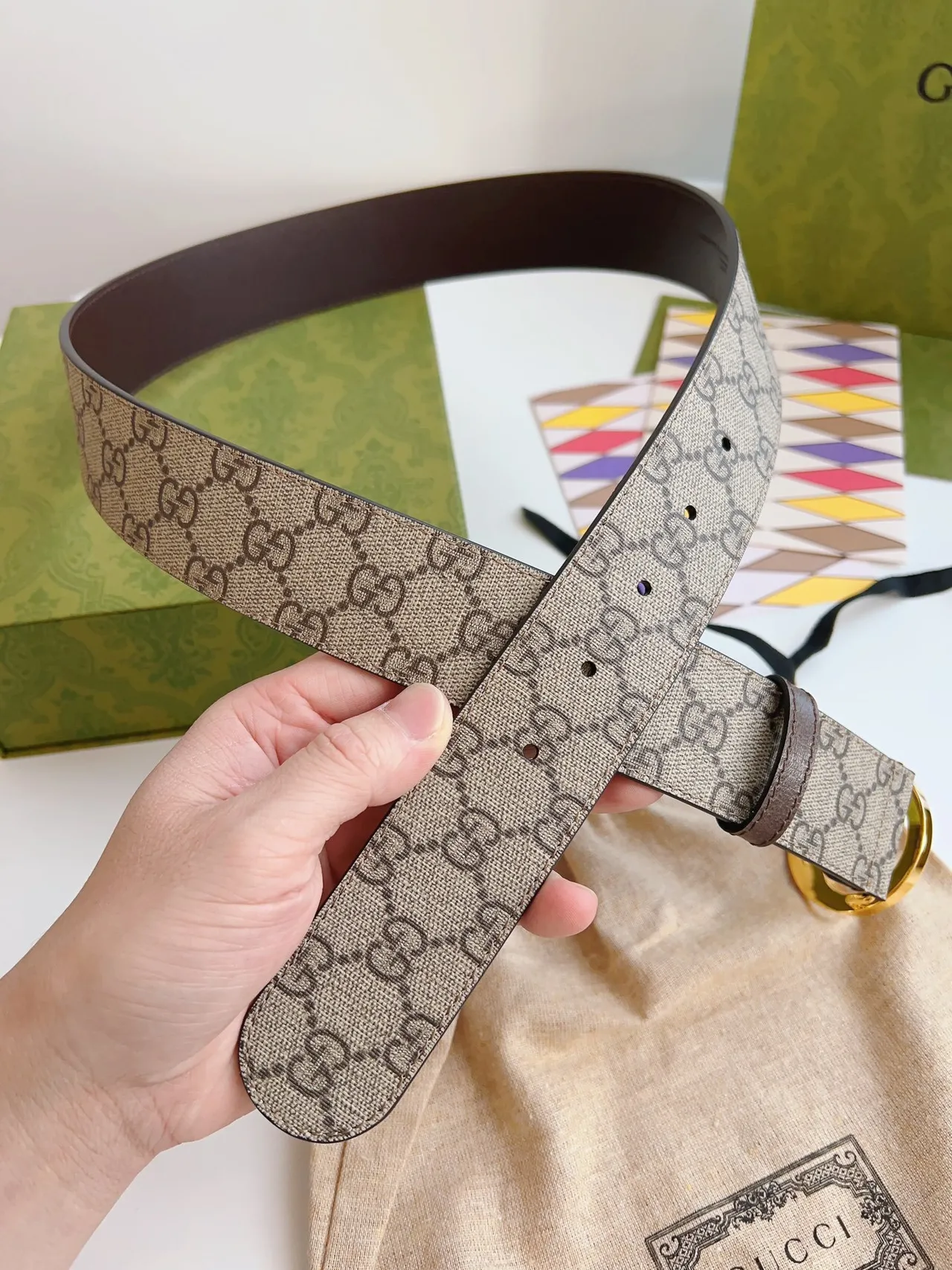 Gucci GG Marmont Interlocking G Buckle Ceinture Beige en Toile et Cuir 3