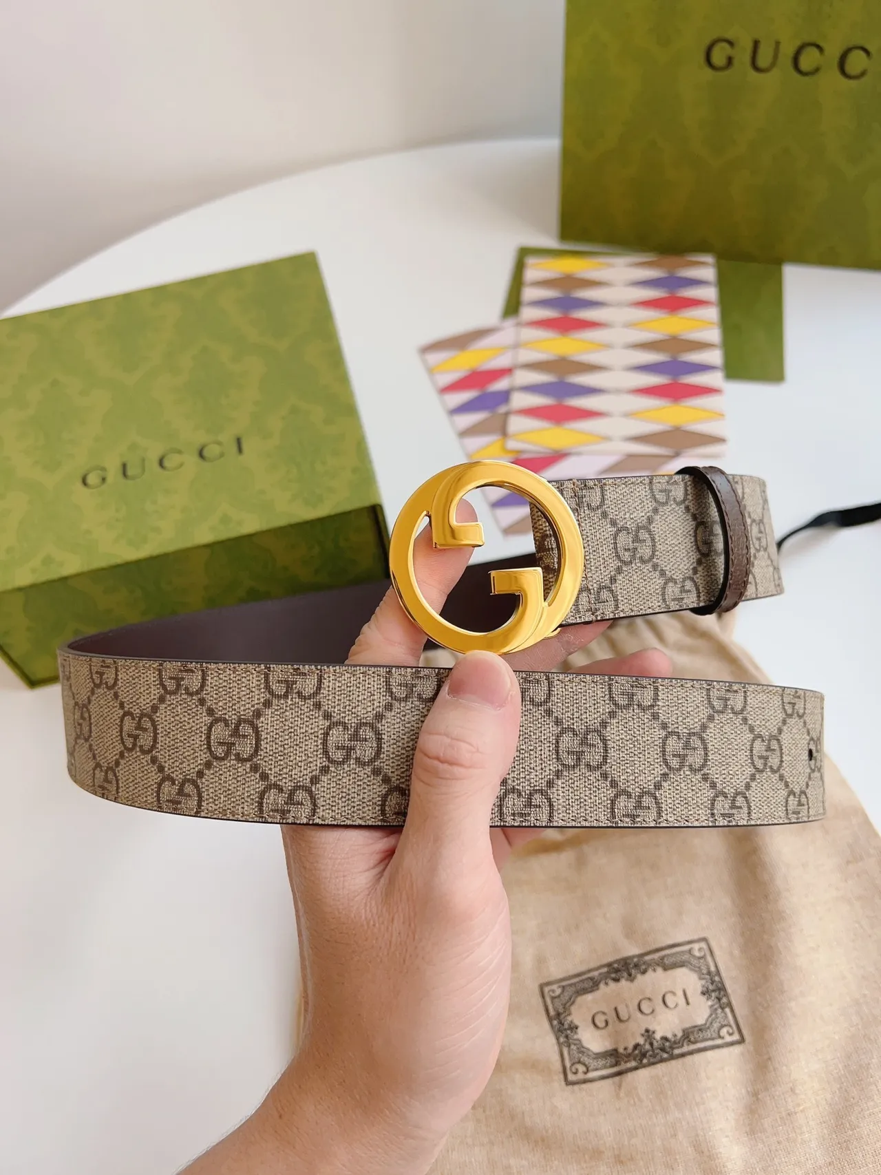 Gucci GG Marmont Interlocking G Buckle Ceinture Beige en Toile et Cuir 4