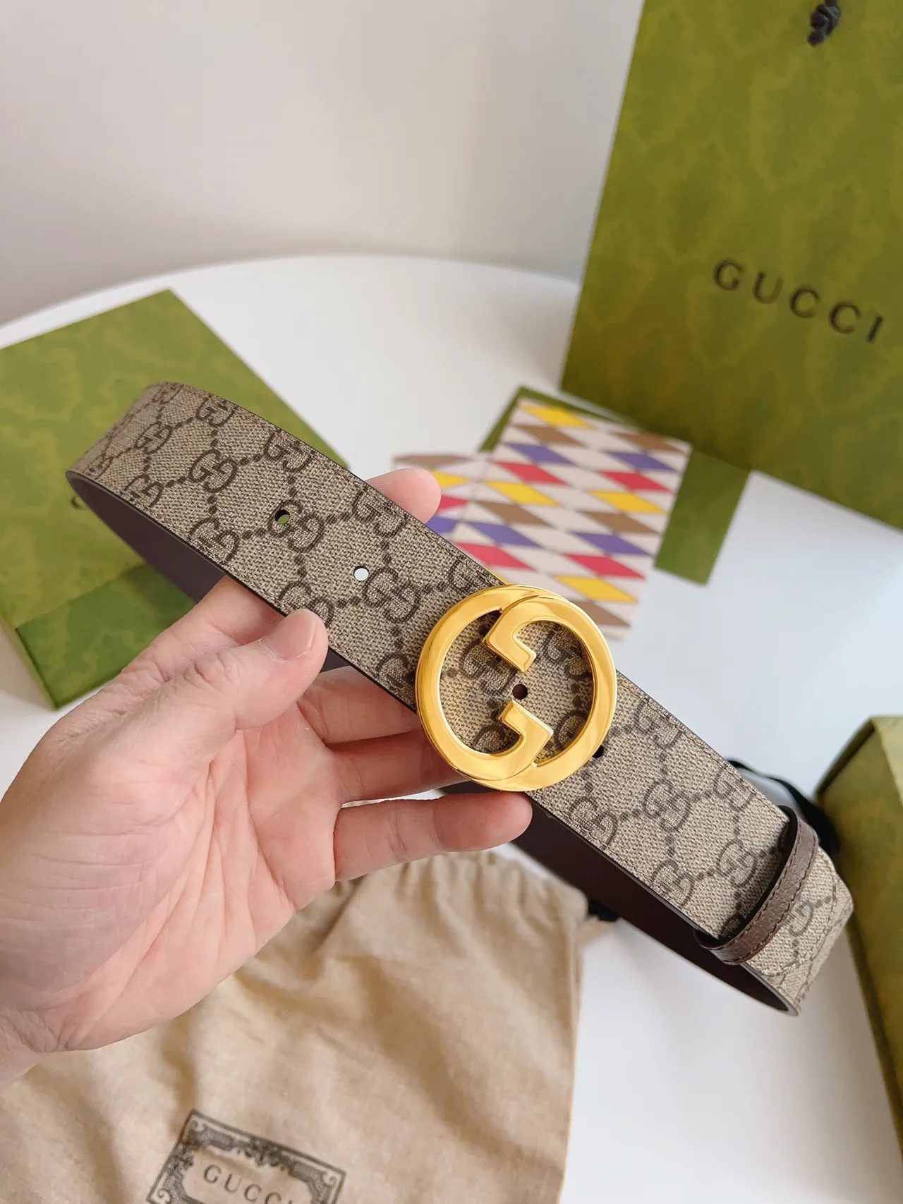 Gucci GG Marmont Interlocking G Buckle Ceinture Beige en Toile et Cuir 6