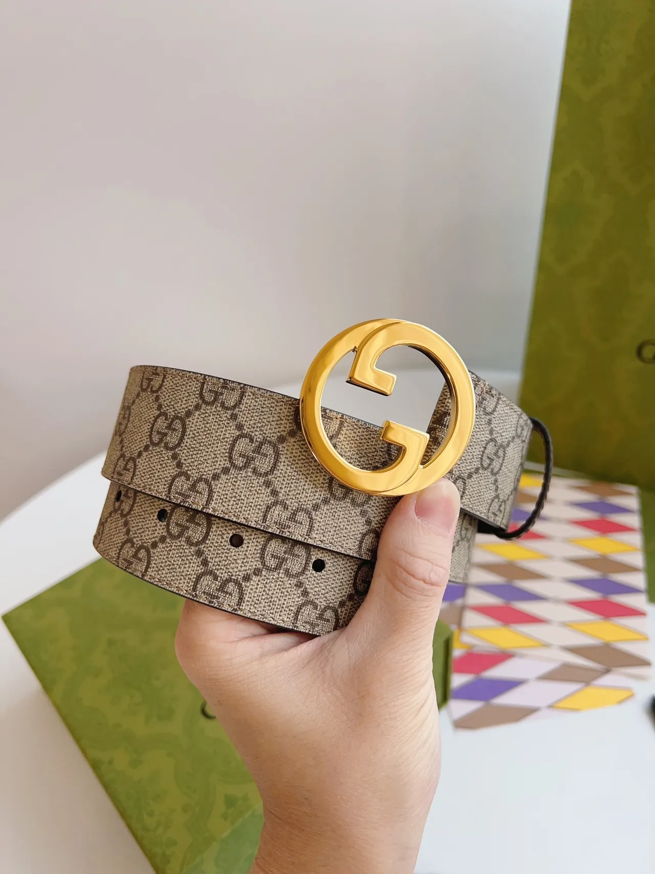 Gucci GG Marmont Interlocking G Buckle Ceinture Beige en Toile et Cuir 7