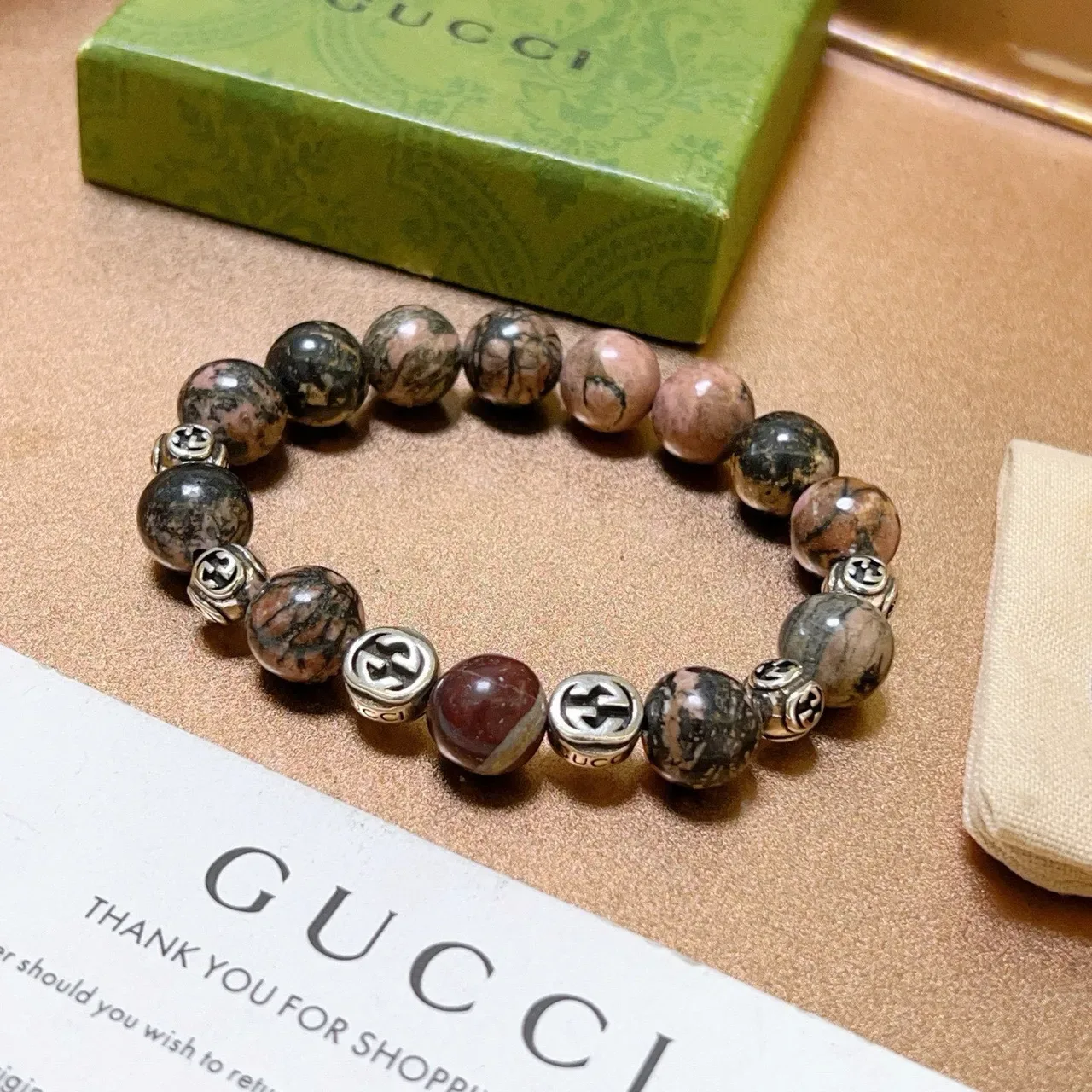 Gucci GG Marmont Multicolor Silver Beaded Stone And Metal Bracelet 3