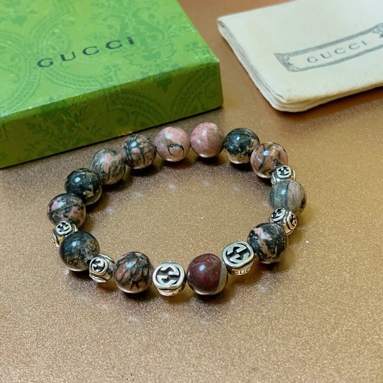 Gucci GG Marmont Multicolor Silver Beaded Stone And Metal Bracelet 6