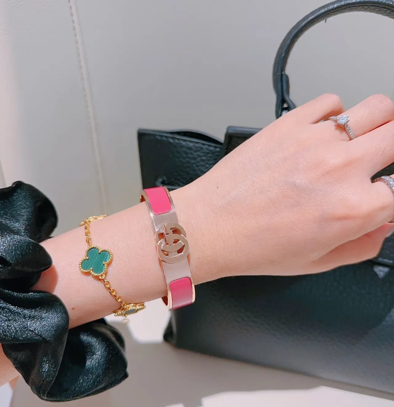 Gucci GG Marmont Pink Enamel Gold-Tone Hinged Bracelet 3