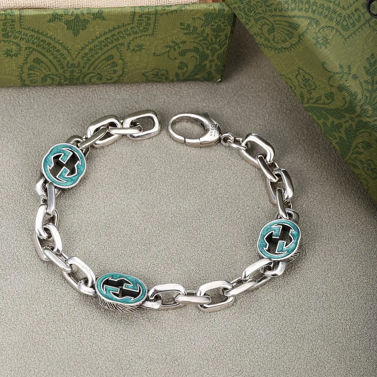 Gucci GG Marmont Silver Blue Curb Chain Three Circular Enamel Pendants Necklace 4