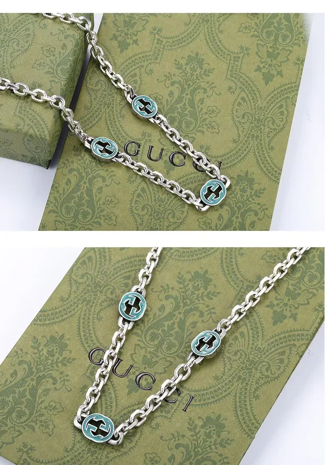 Gucci GG Marmont Silver Blue Curb Chain Three Circular Enamel Pendants Necklace 7