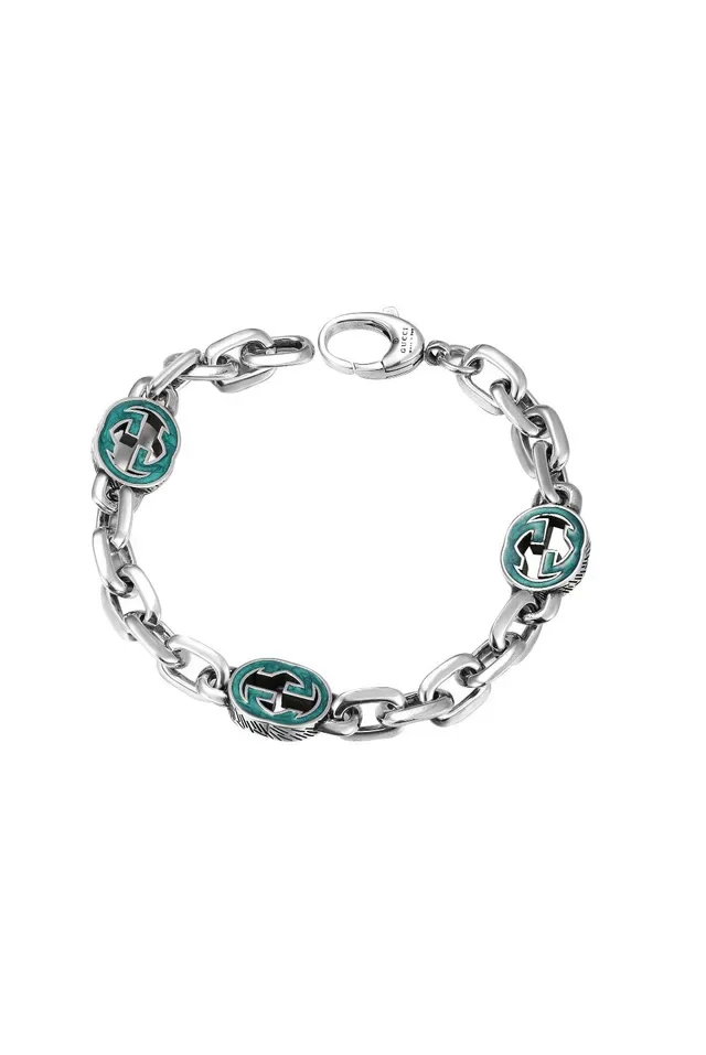 Gucci GG Marmont Silver Blue Curb Chain Three Circular Enamel Pendants Necklace 9