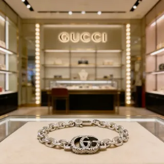 Gucci GG Marmont Silver Chunky Curb Chain Twisted Rope-Textured Double-G Clasp Bracelet