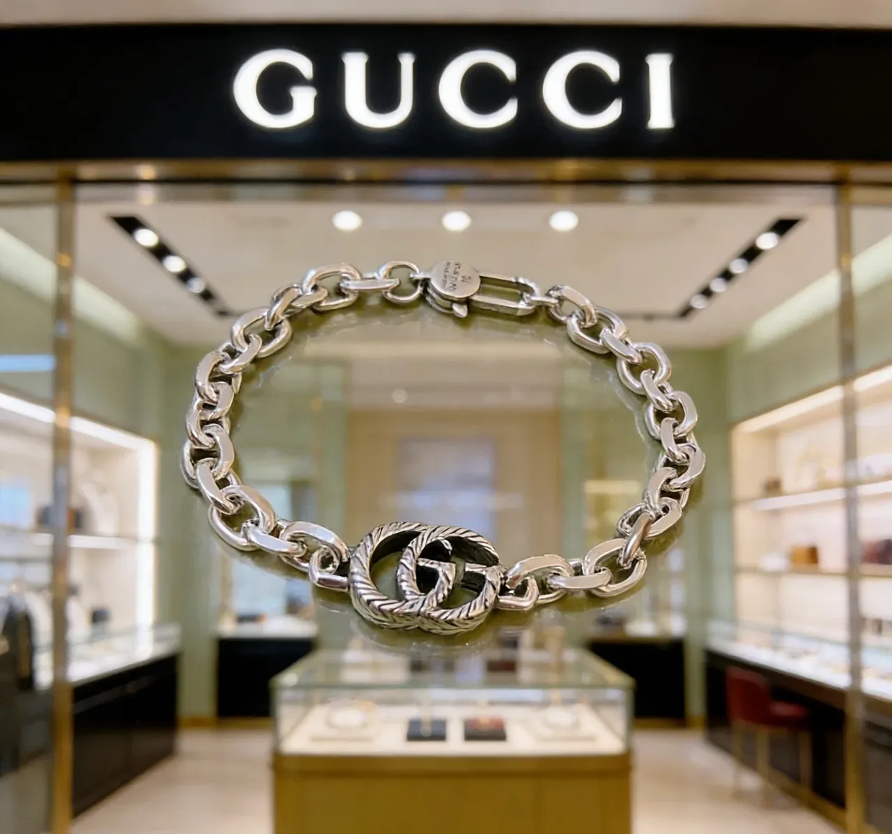 Gucci GG Marmont Silver Chunky Curb Chain Twisted Rope-Textured Double-G Clasp Bracelet 7