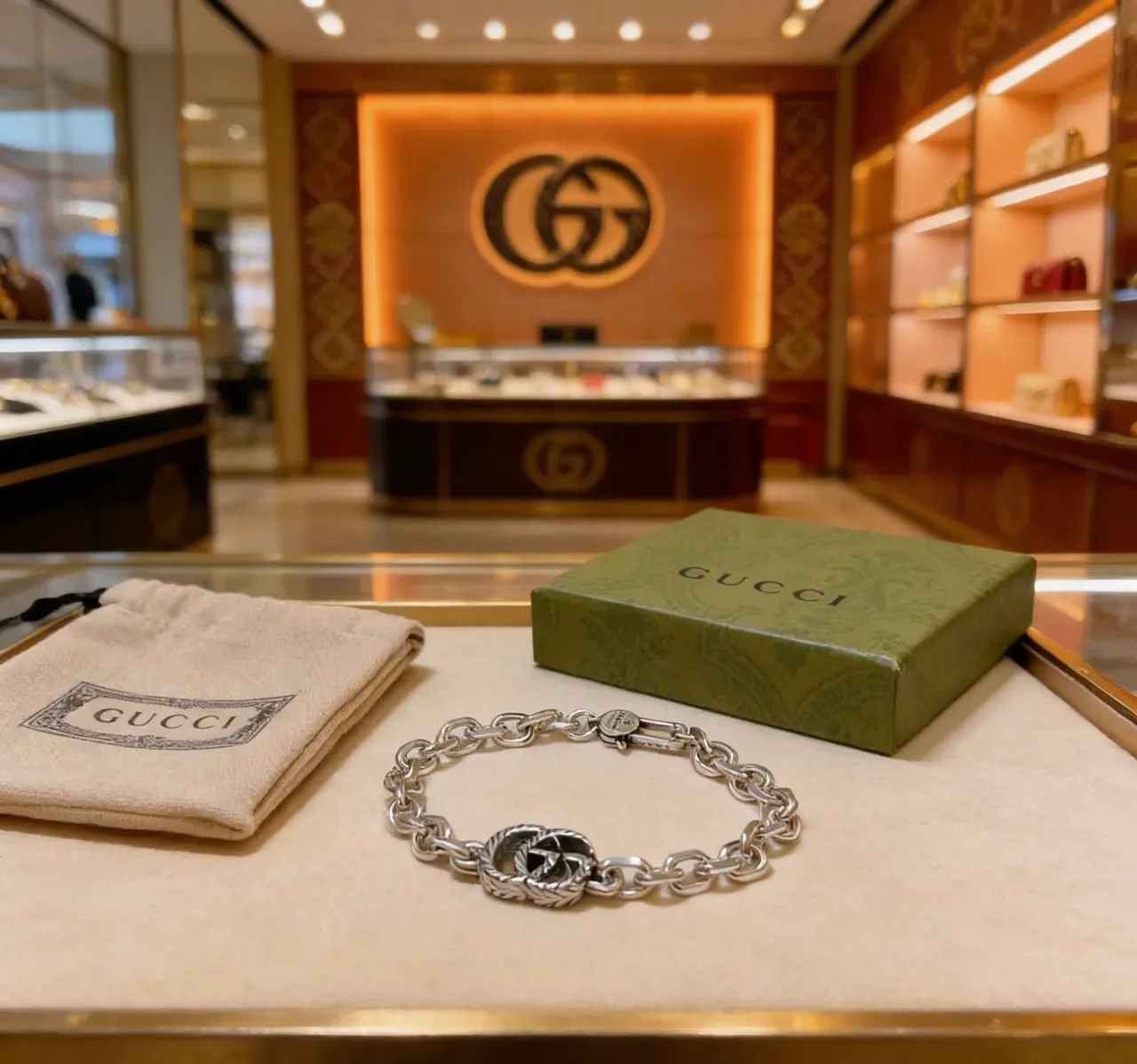 Gucci GG Marmont Silver Chunky Curb Chain Twisted Rope-Textured Double-G Clasp Bracelet 9