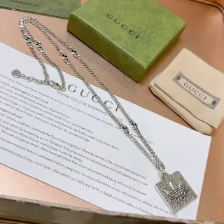 Gucci GG Marmont Silver Curb Chain Square Engraved Pendant Necklace