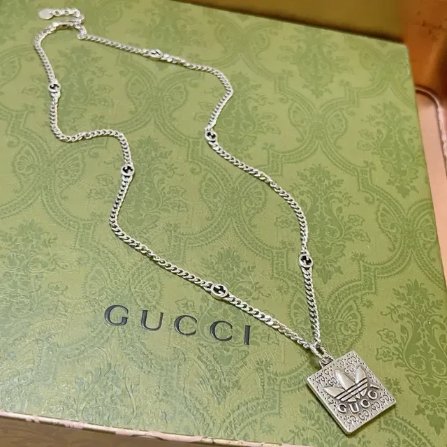 Gucci GG Marmont Silver Curb Chain Square Engraved Pendant Necklace 4