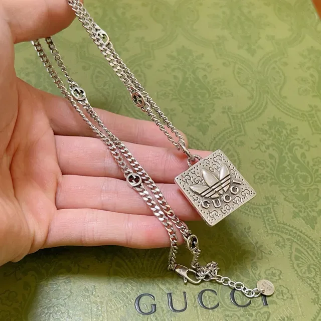 Gucci GG Marmont Silver Curb Chain Square Engraved Pendant Necklace 9