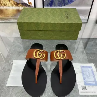 Gucci GG Marmont খয়েরি চামড়া সোনালি লোগো ক্যাজুয়াল স্যান্ডেল