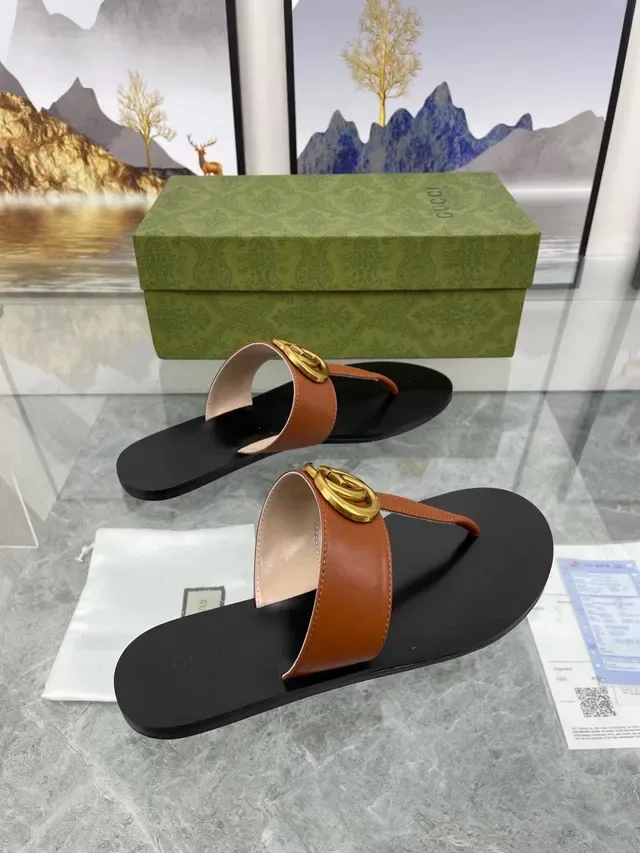 Gucci GG Marmont Sandales Casuales Cuir Tan Logo Or 5