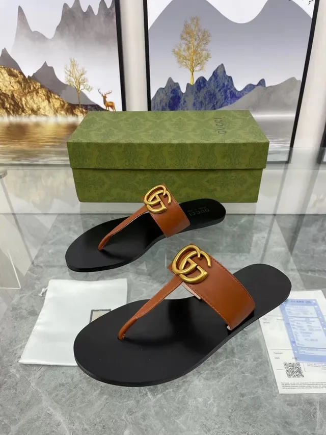 Gucci GG Marmont Sandales Casuales Cuir Tan Logo Or 6