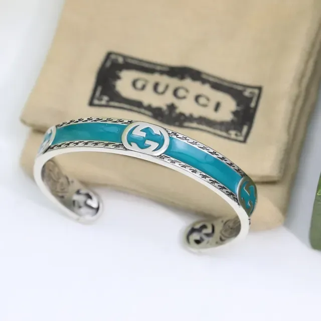 Gucci GG Marmont Teal Enamel Open Cuff Bracelet 2