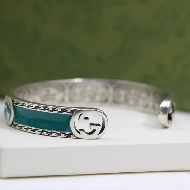 Gucci GG Marmont Teal Enamel Open Cuff Bracelet 7