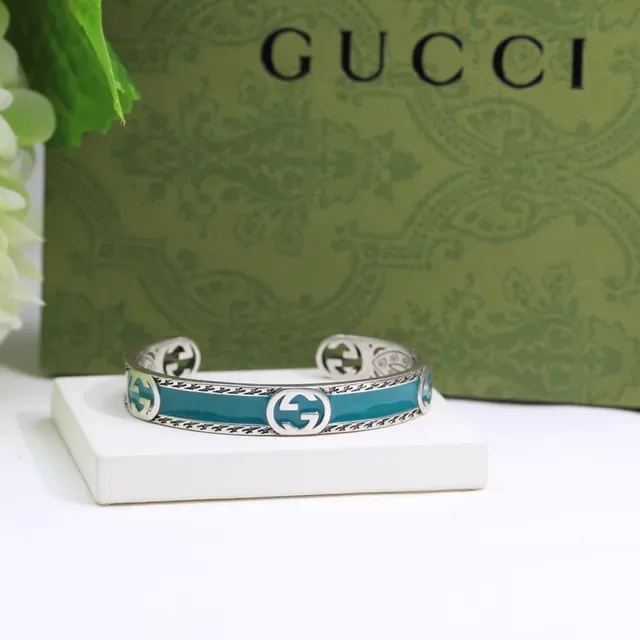 Gucci GG Marmont Teal Enamel Open Cuff Bracelet 9