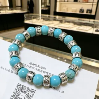 Gucci GG Marmont Turquoise and Silver-Tone Beaded Stretch Bracelet