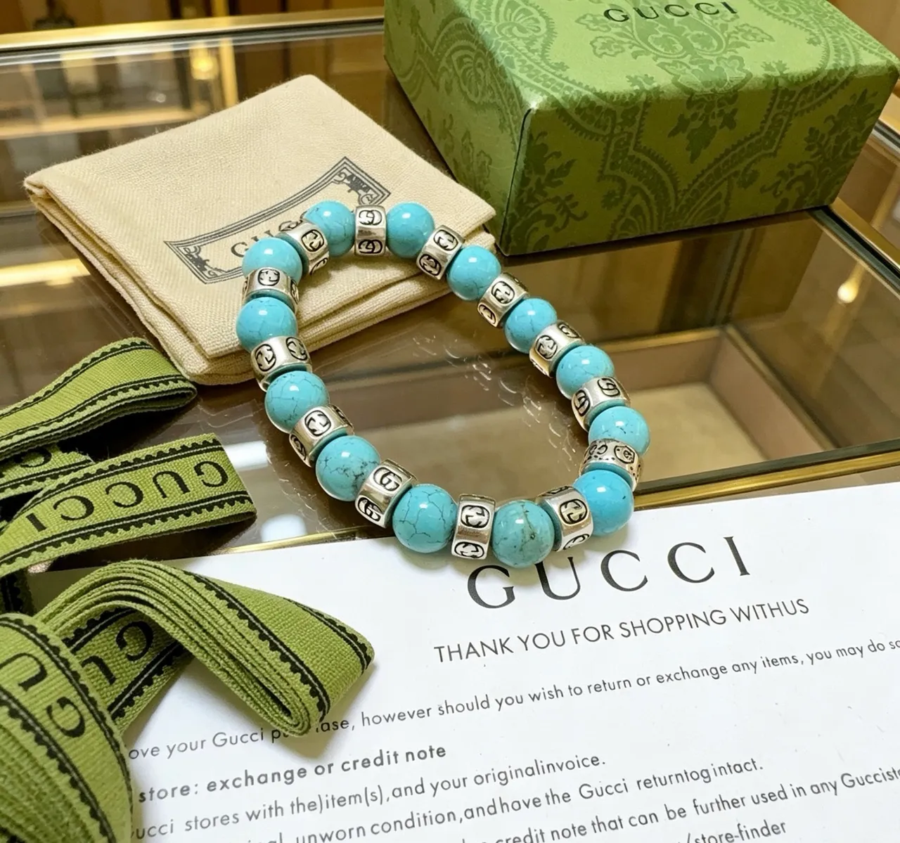Gucci GG Marmont Turquoise and Silver-Tone Beaded Stretch Bracelet 2