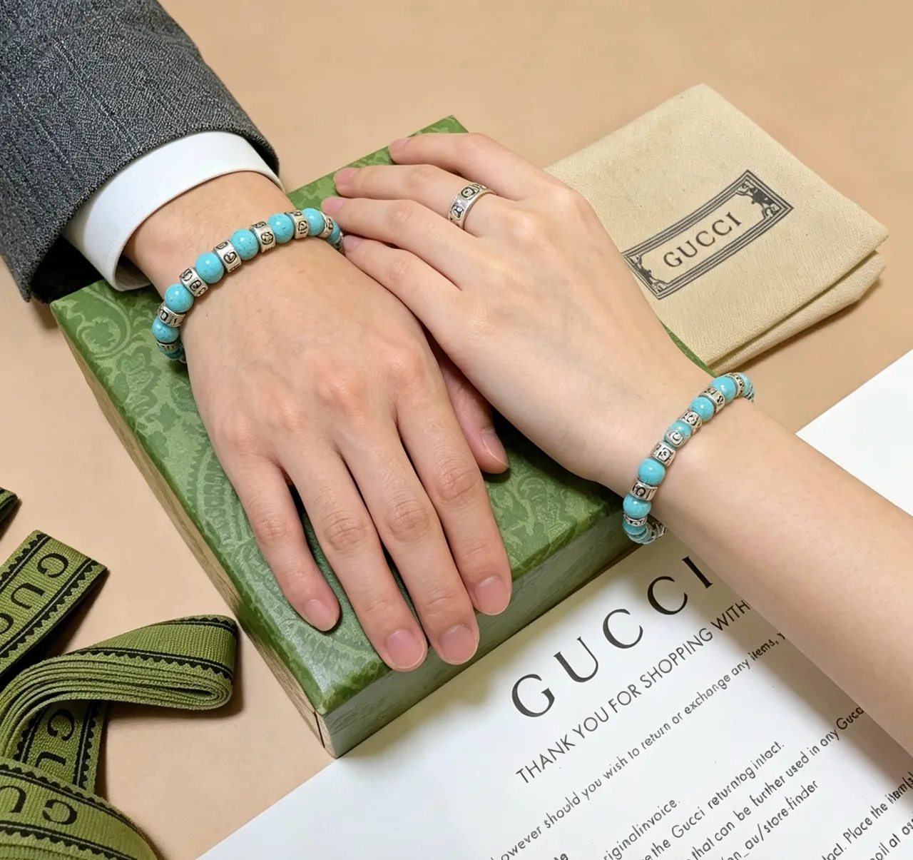 Gucci GG Marmont Turquoise and Silver-Tone Beaded Stretch Bracelet 3