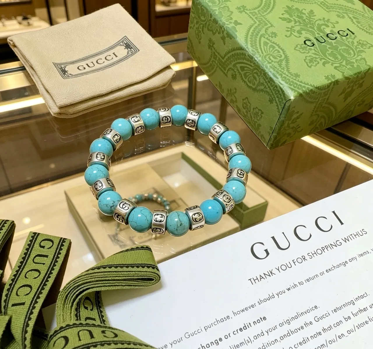 Gucci GG Marmont Turquoise and Silver-Tone Beaded Stretch Bracelet 4