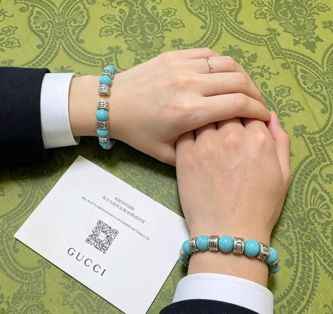 Gucci GG Marmont Turquoise and Silver-Tone Beaded Stretch Bracelet 5