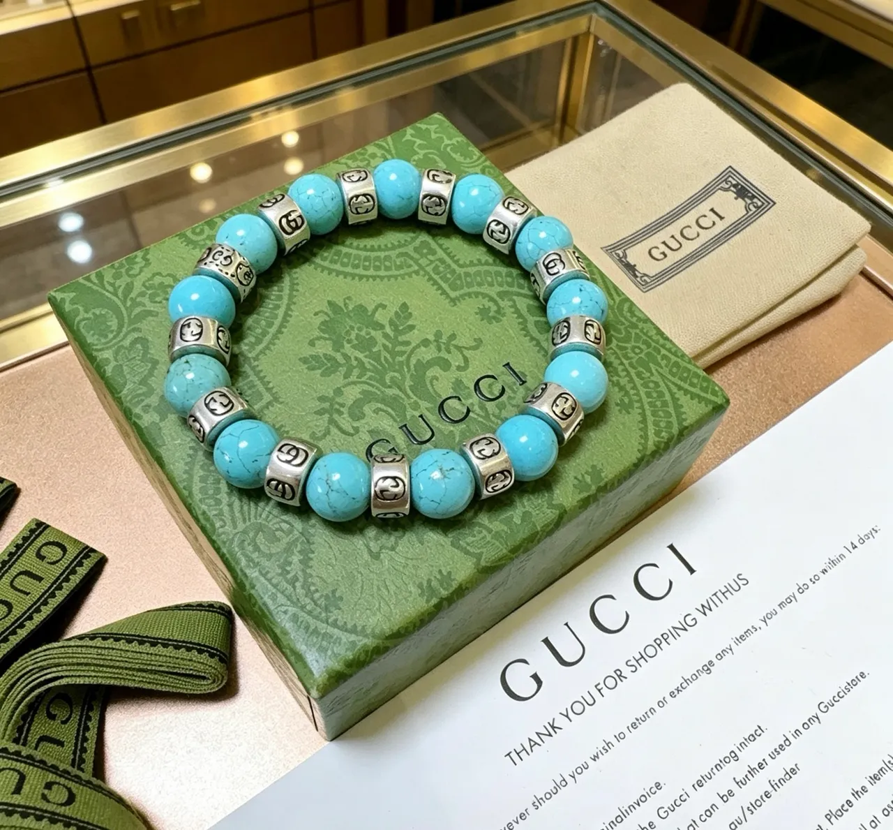 Gucci GG Marmont Turquoise and Silver-Tone Beaded Stretch Bracelet 6