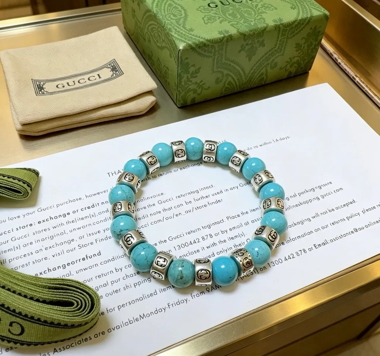 Gucci GG Marmont Turquoise and Silver-Tone Beaded Stretch Bracelet 7