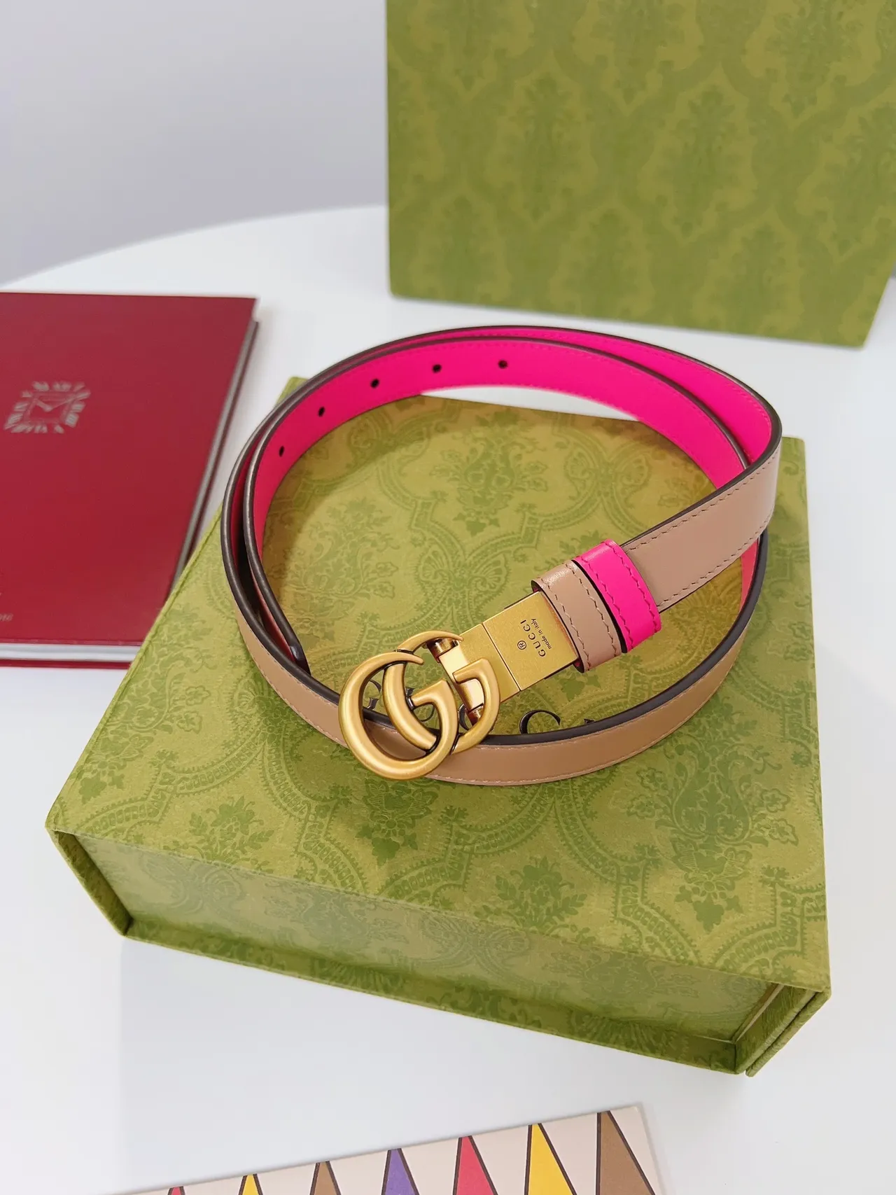 Gucci GG Marmont Ceinture en cuir à deux tons rose et beige 2