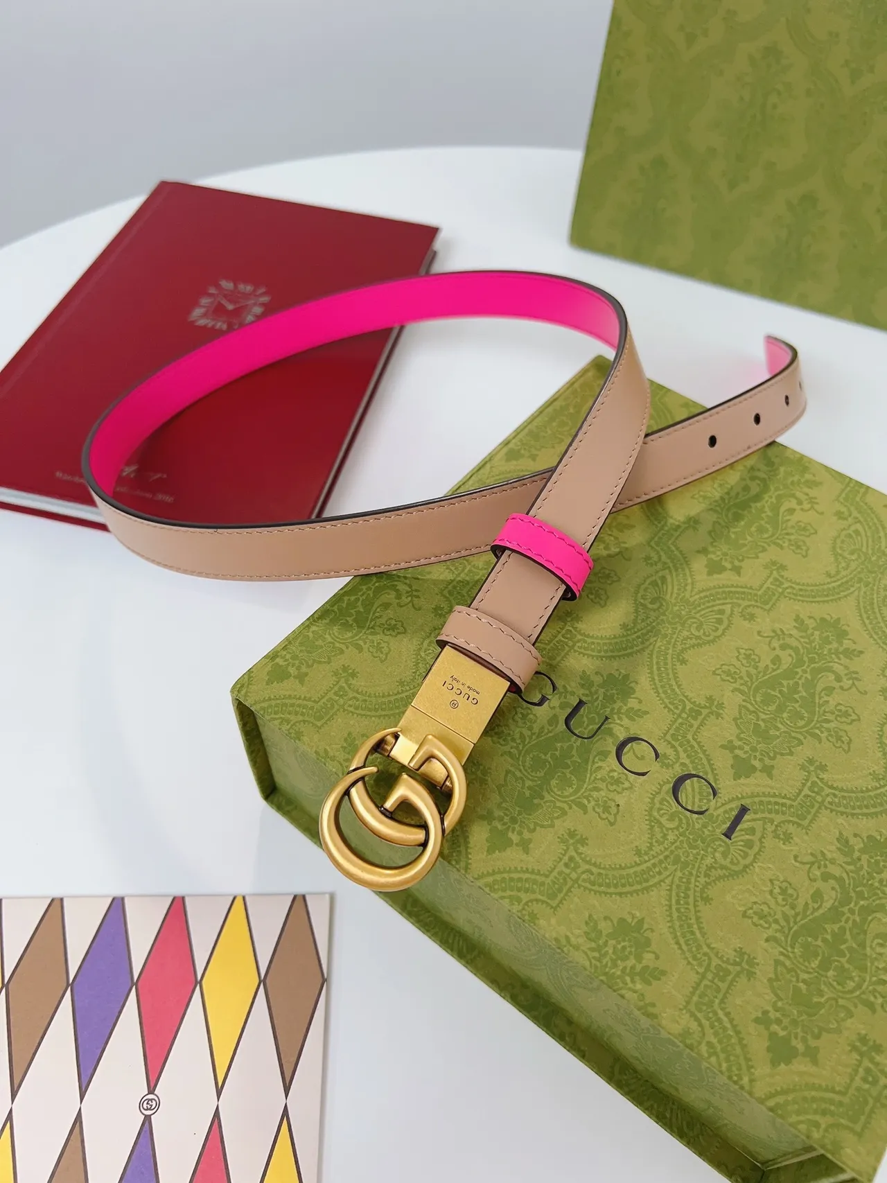 Gucci GG Marmont Ceinture en cuir à deux tons rose et beige 3