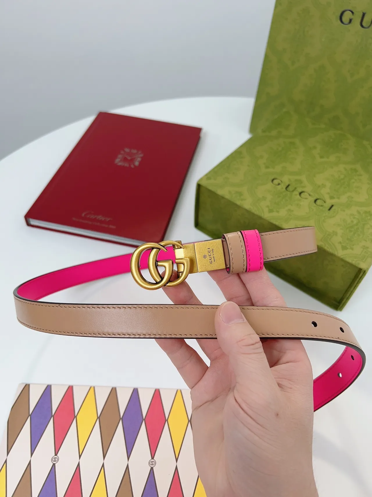 Gucci GG Marmont Ceinture en cuir à deux tons rose et beige 4