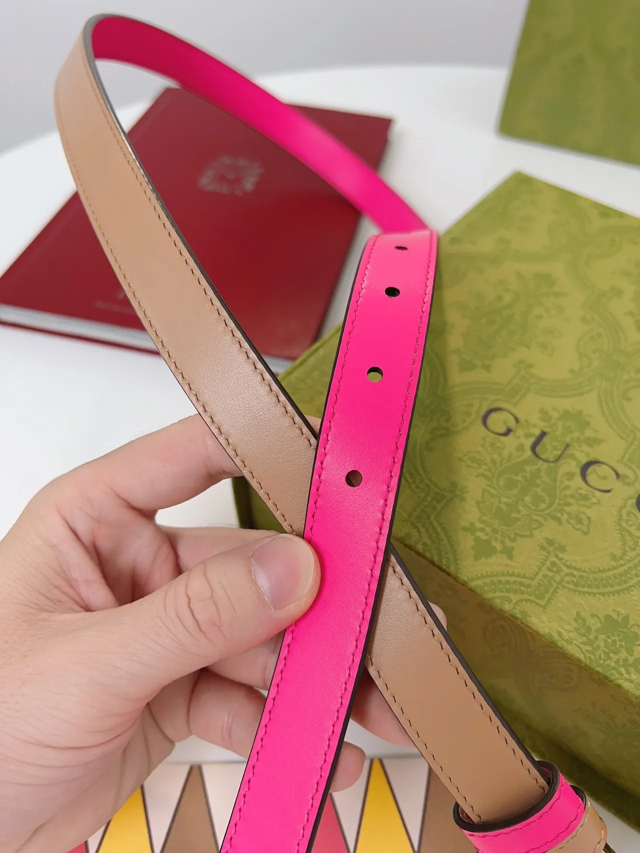 Gucci GG Marmont Ceinture en cuir à deux tons rose et beige 5