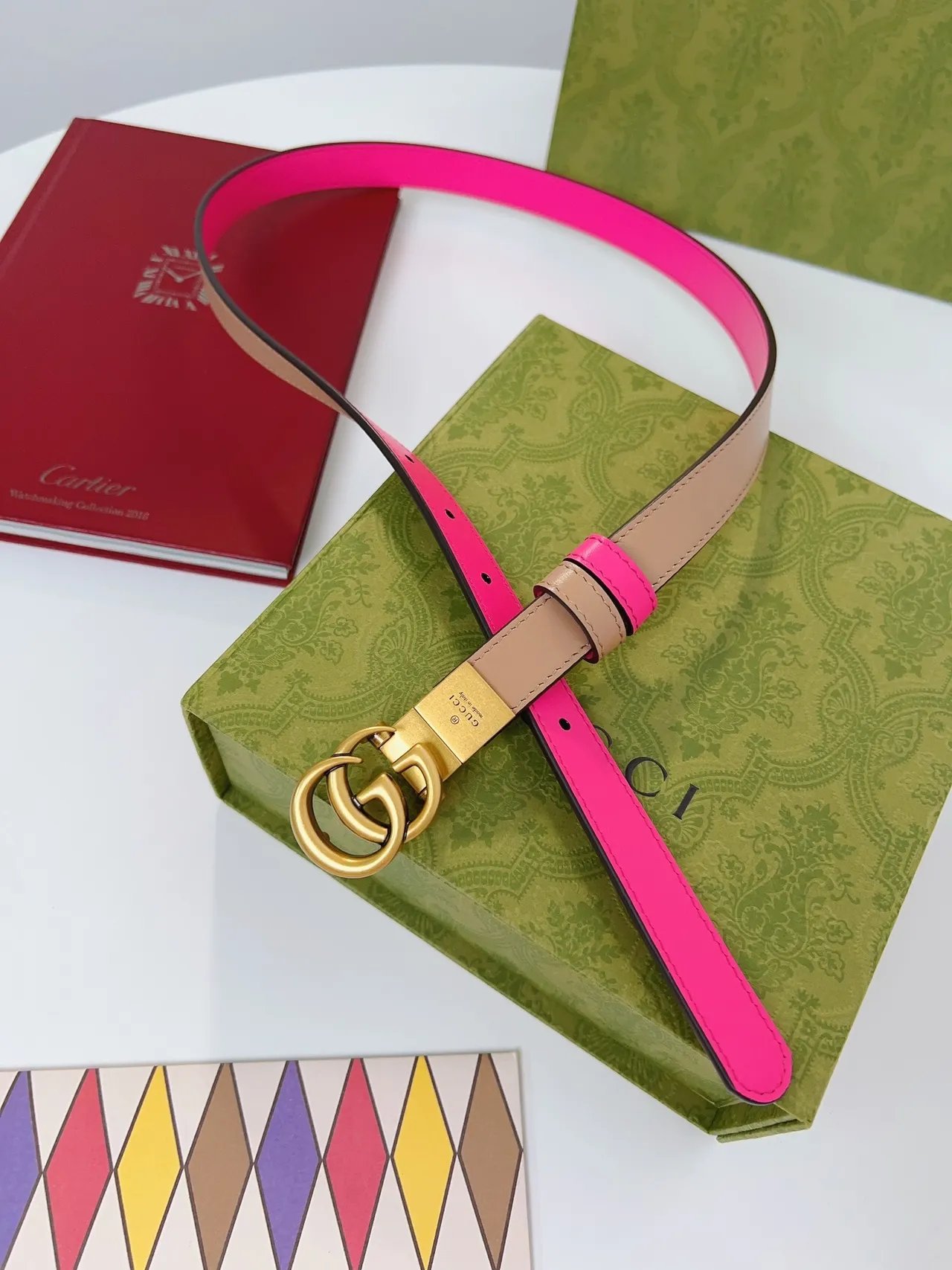 Gucci GG Marmont Ceinture en cuir à deux tons rose et beige 6