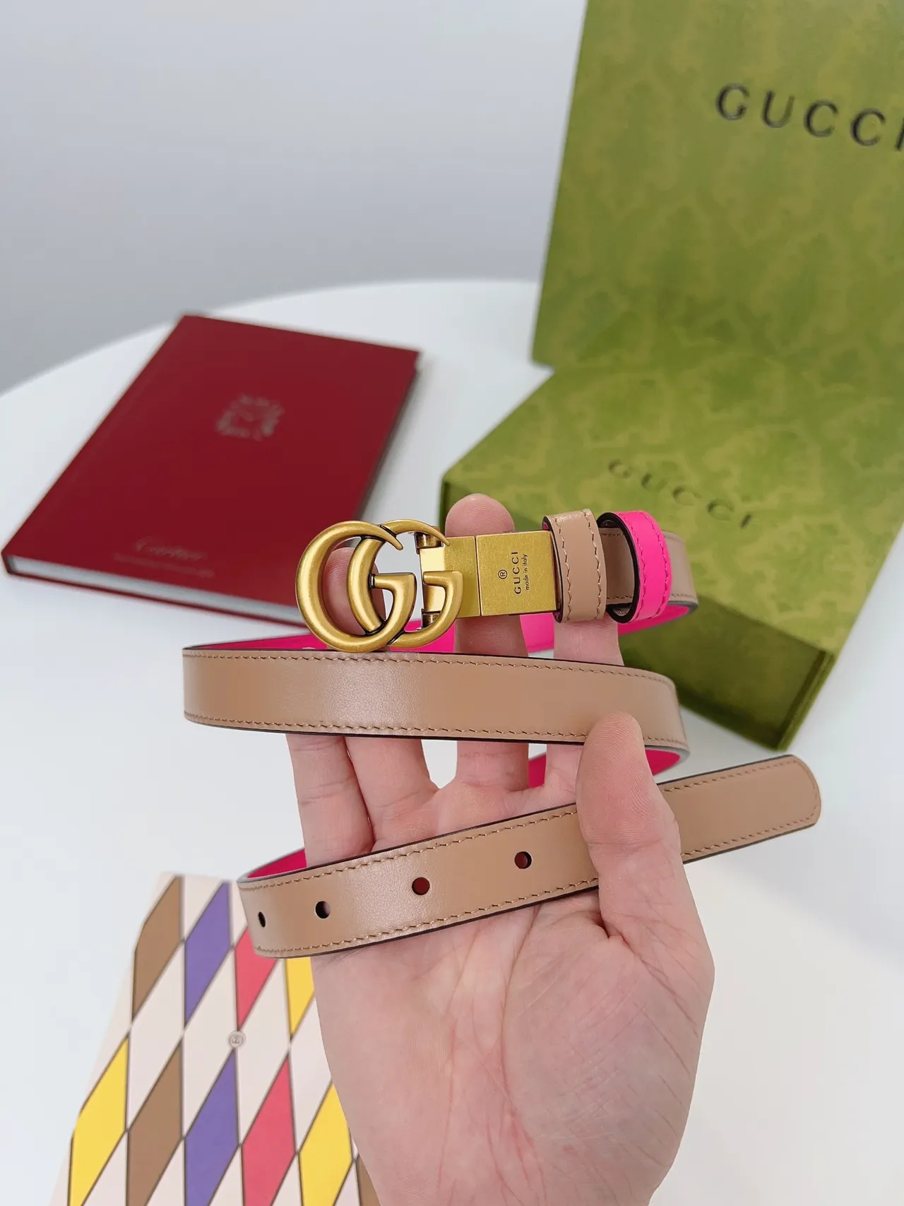 Gucci GG Marmont Ceinture en cuir à deux tons rose et beige 7
