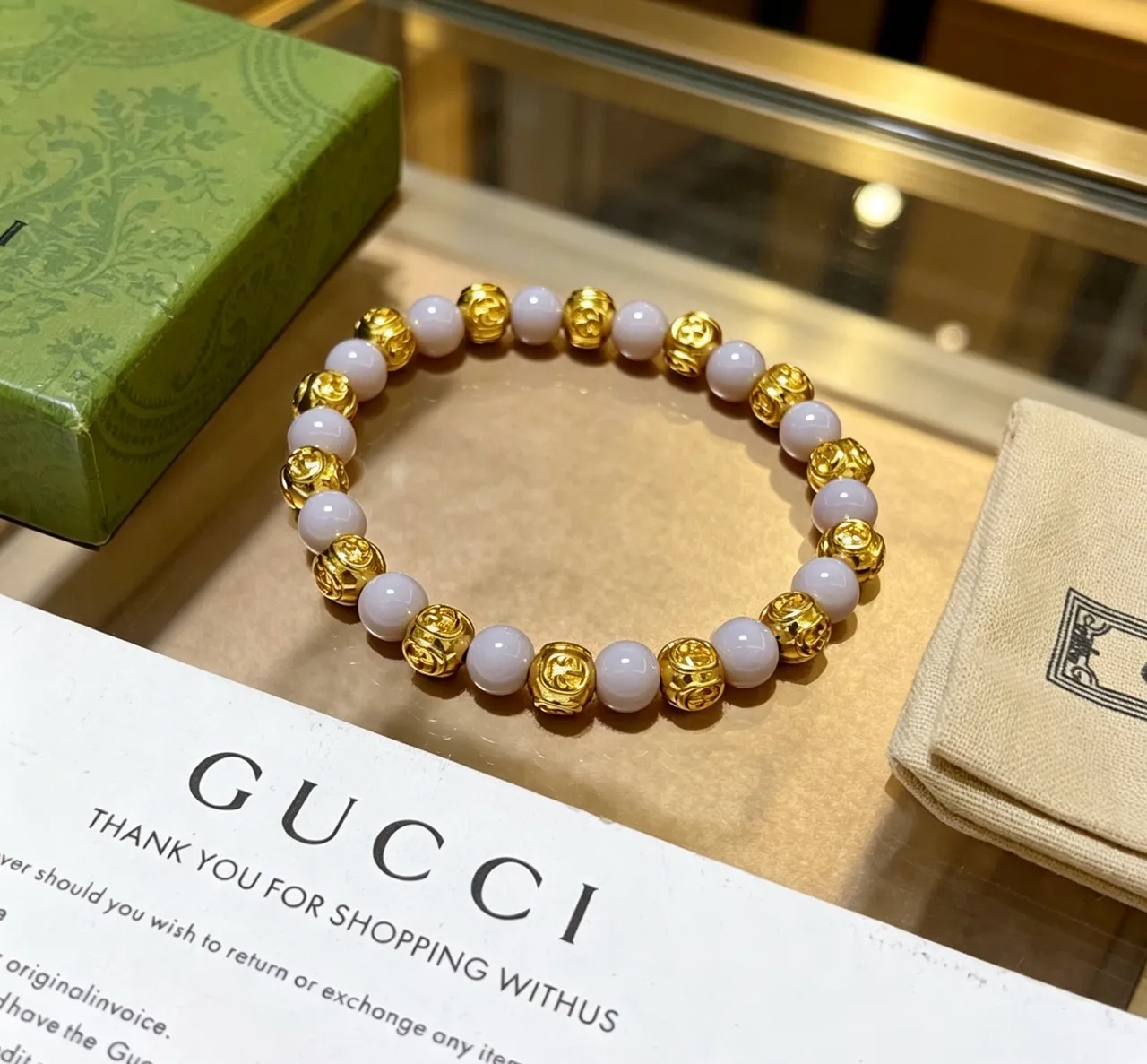 Gucci Ouro Bege Pulseira de Contas de Metal 6