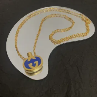 Gucci Gold Blue Link Chain Circular Enamel Pendant Necklace