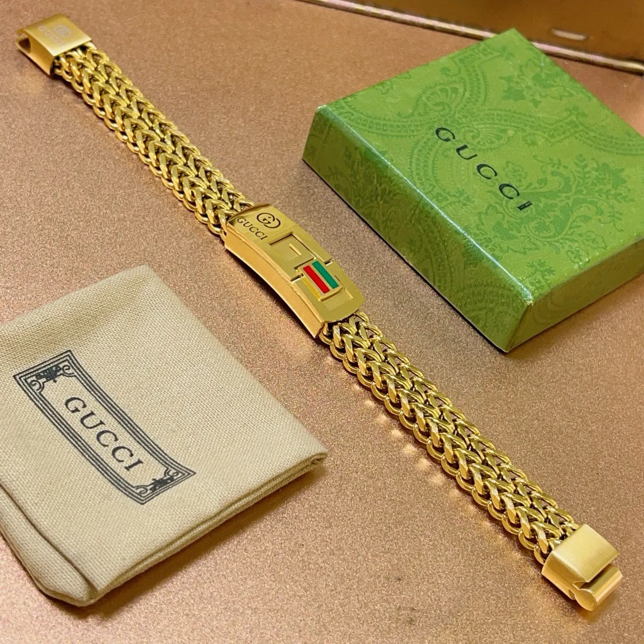 Gucci Gold Multicolor Curb Chain Rectangular Engraved Clasp Bracelet 1
