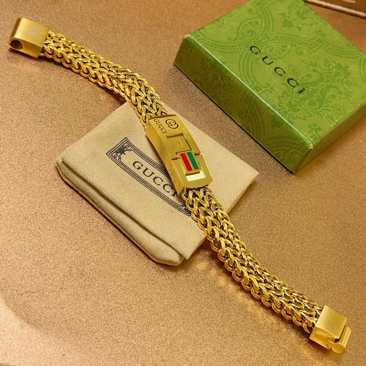 Gucci Gold Multicolor Curb Chain Rectangular Engraved Clasp Bracelet 9